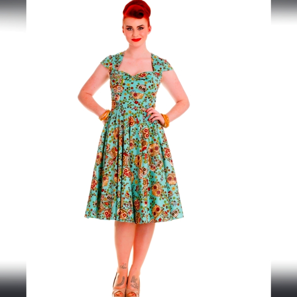 Hell Bunny Day of the dead 50s style dress, teal, sz Large, NWT, Vintage - Picture 1 of 10